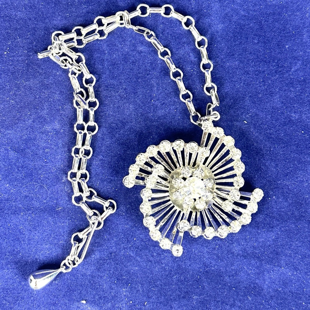 VTG MCM Atomic Starburst Silver Tone Glass Rhinestone Pendant Necklace Free Ship